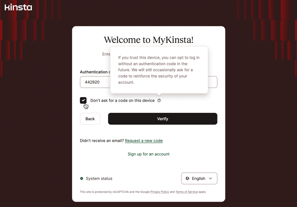 A screenshot of the MyKinsta login dialog with the option to reduce 2FA requests selected.