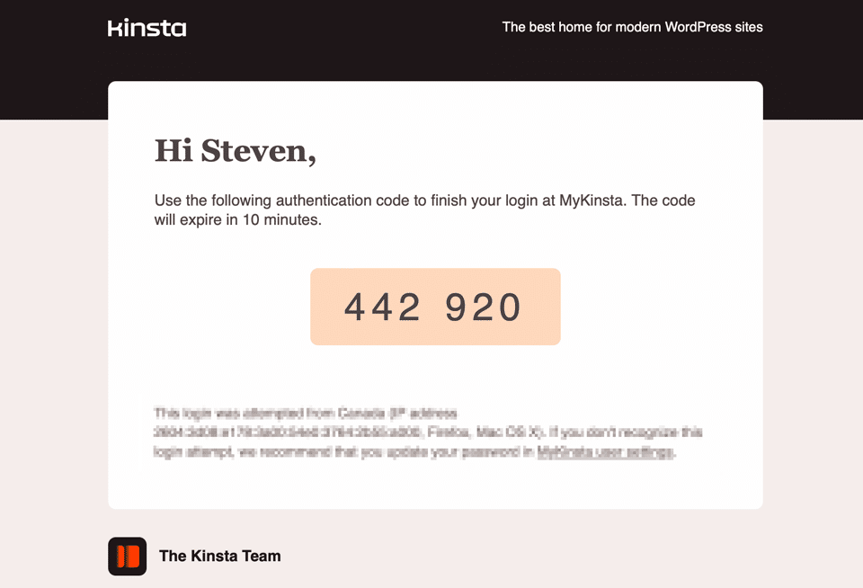 A screenshot of the email send to confirm two-factor authentication in MyKinsta.