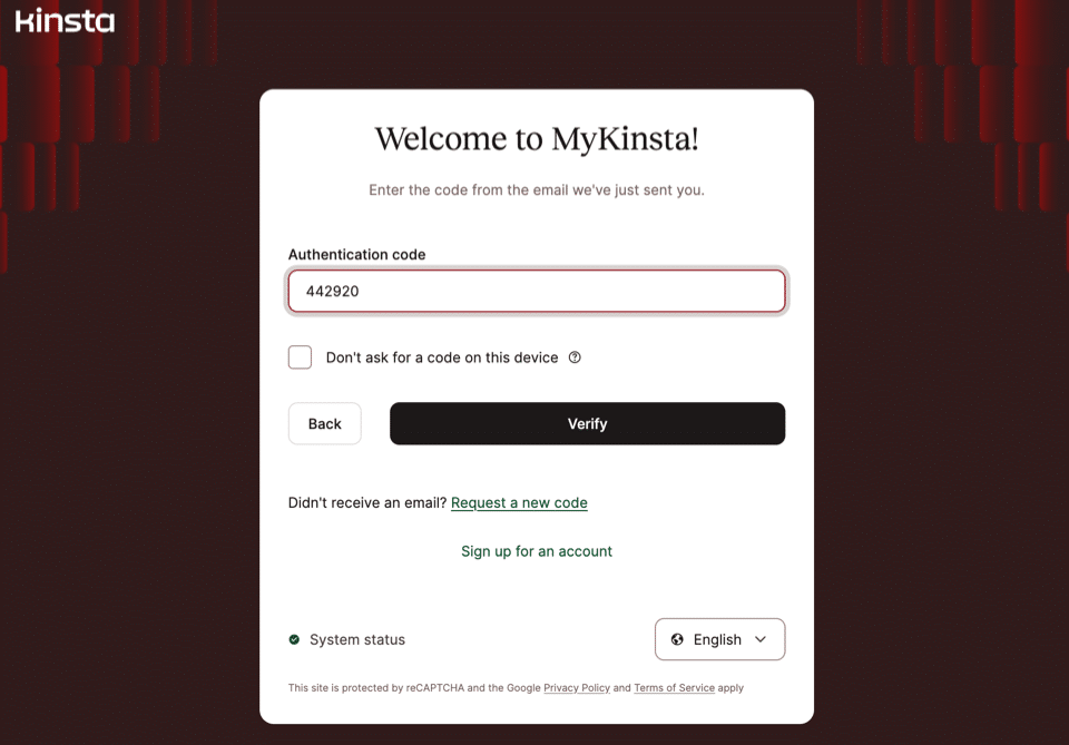 A screenshot of a MyKinsta login with a 2FA authorization code being provided.