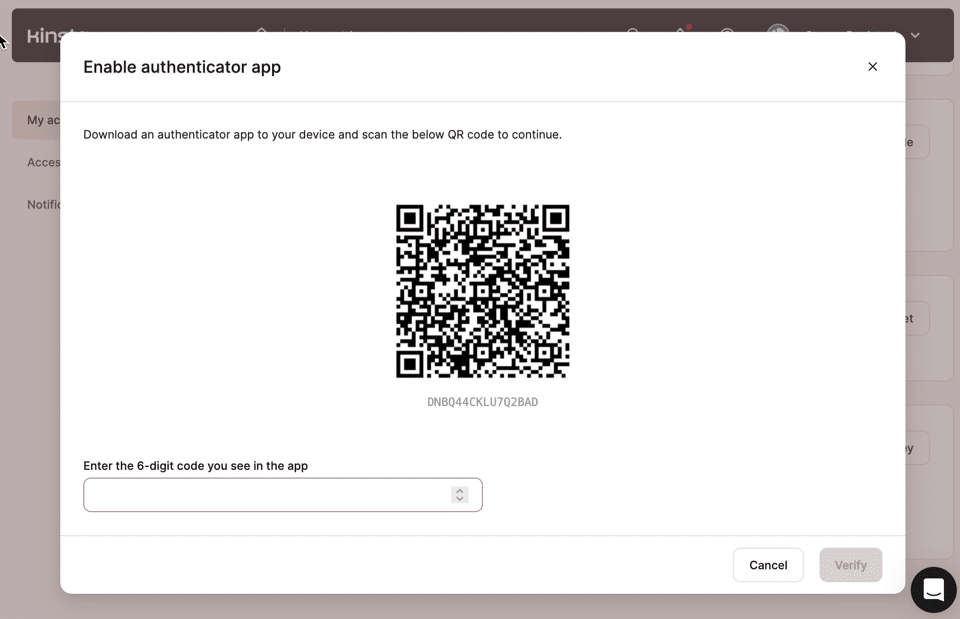 A screenshot showing a QR code used to connect MyKista to an authenticator app for 2FA.