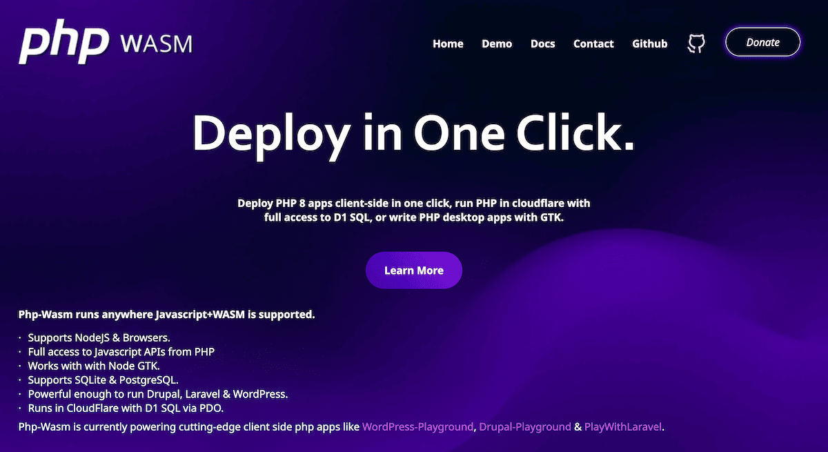 La pagina iniziale di Php-Wasm.