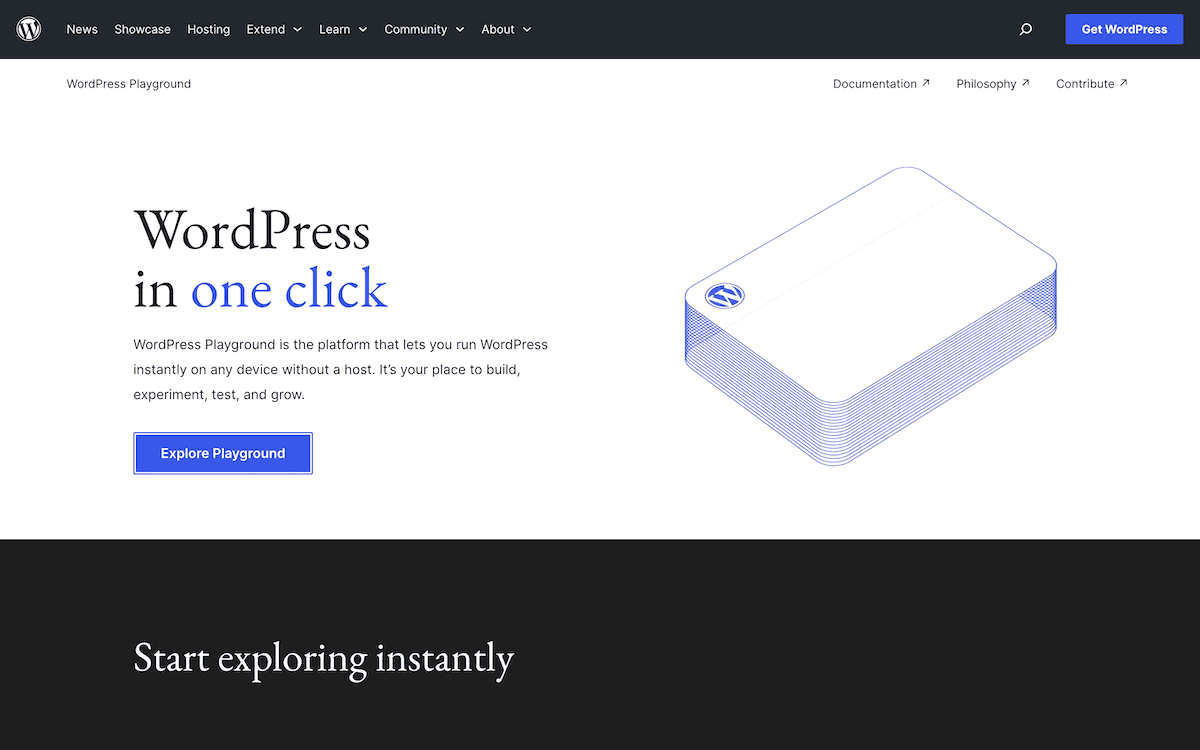 Una schermata della home page del sito WordPress Playground.