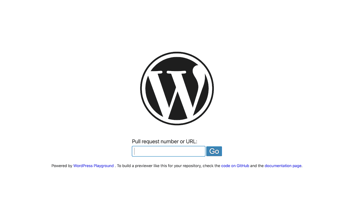 Un'interfaccia di anteprima delle richieste di pull di WordPress mostra il parco giochi di WordPress con collegamenti al codice e alla documentazione di GitHub da un link inseribile.