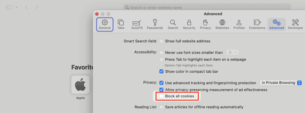 As preferências avançadas do Safari com controles de privacidade e cookies.