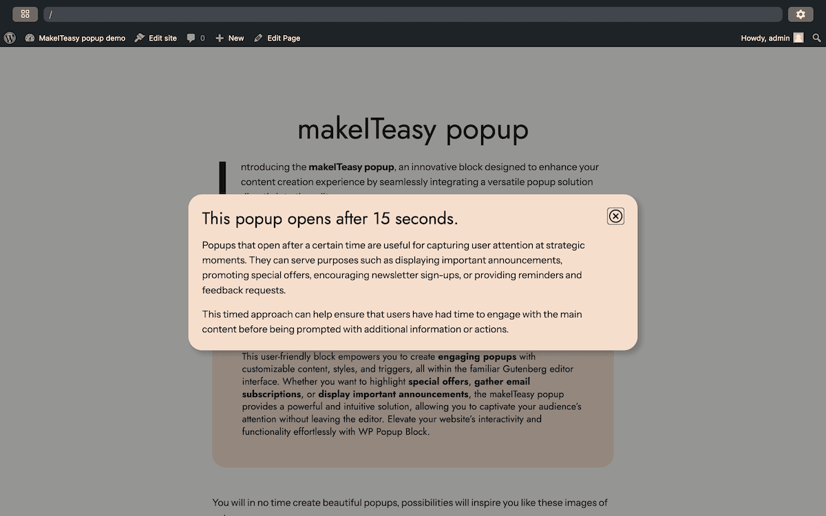 Una demo di WordPress Playground che mostra un'implementazione di un pop-up della libreria Blueprint.