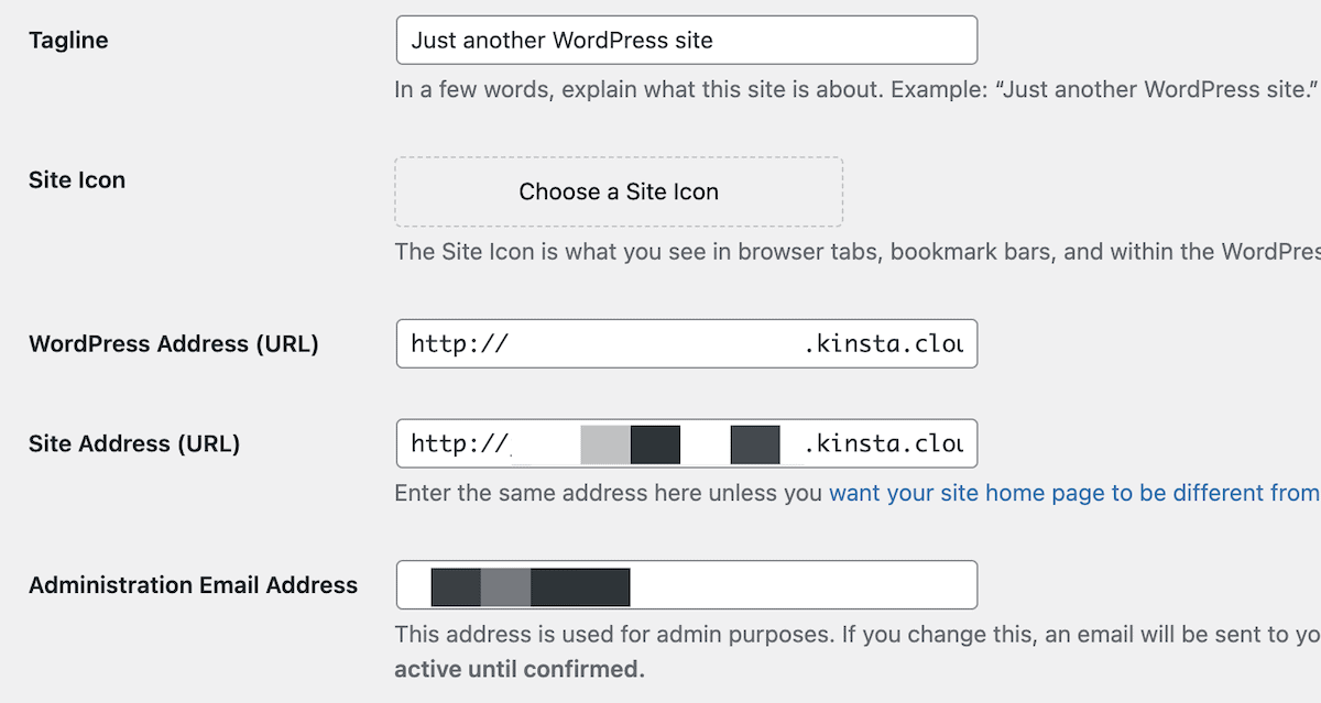 The WordPress General Settings page showing the Site URL and WordPress Address fields.
