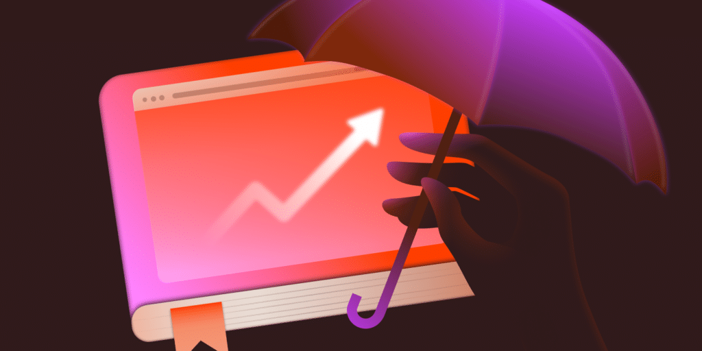 An illustration that includes an umbrella being held over the image of a website, illustrating risk management.