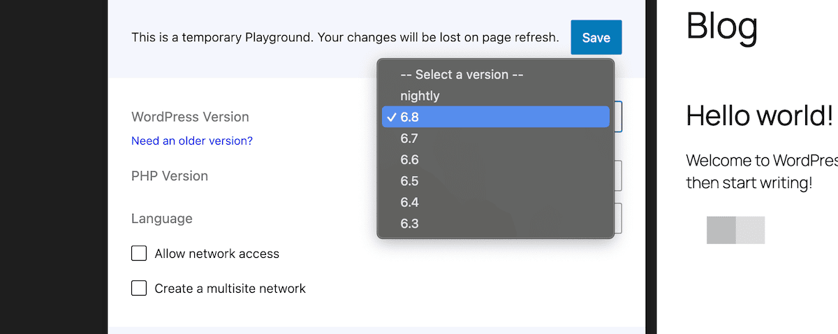 Il menu a tendina del selettore di versione di WordPress in WordPress Playground