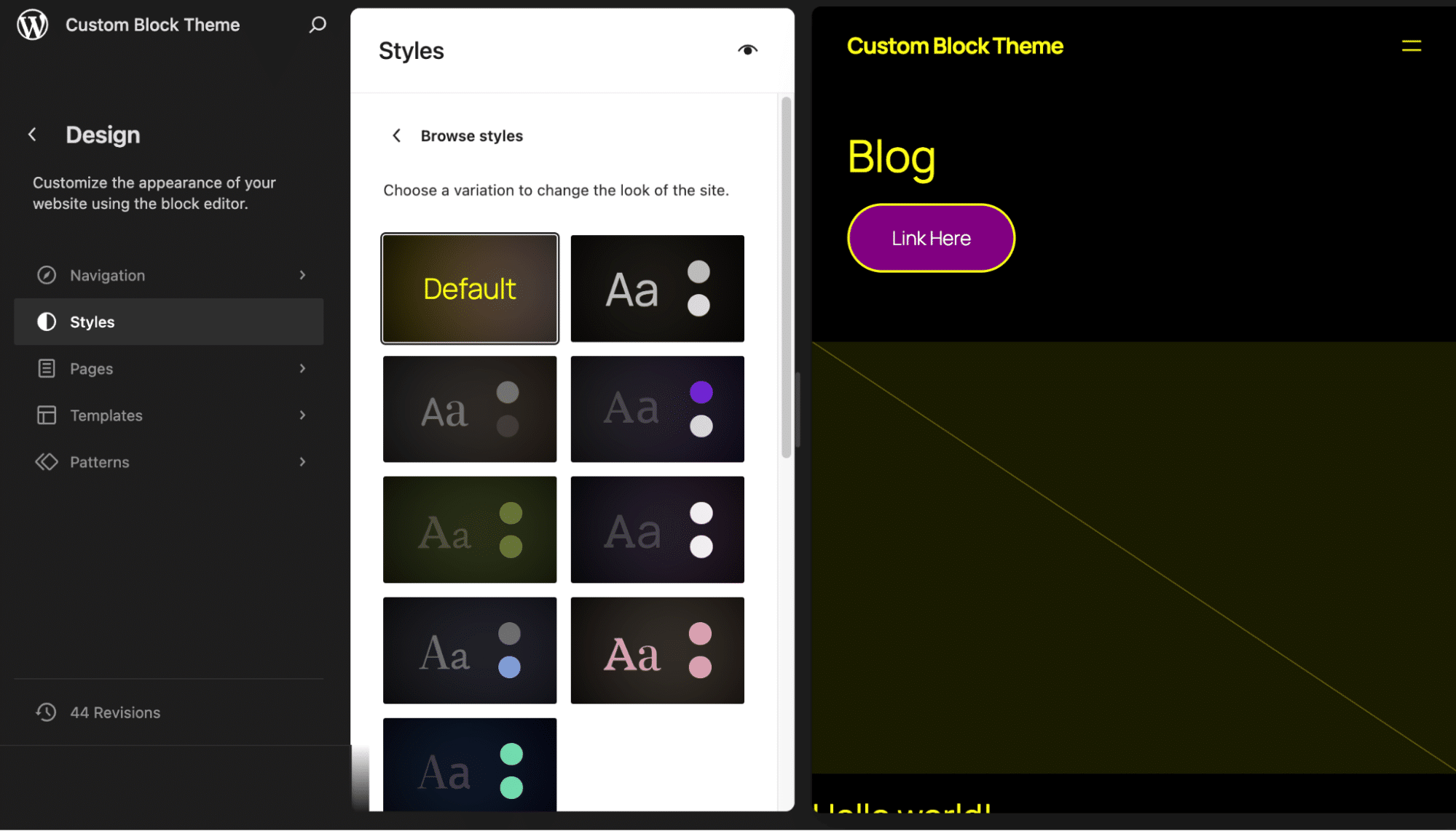 Tema filho (child theme) usando a variação de estilo padrão no Editor de Site.