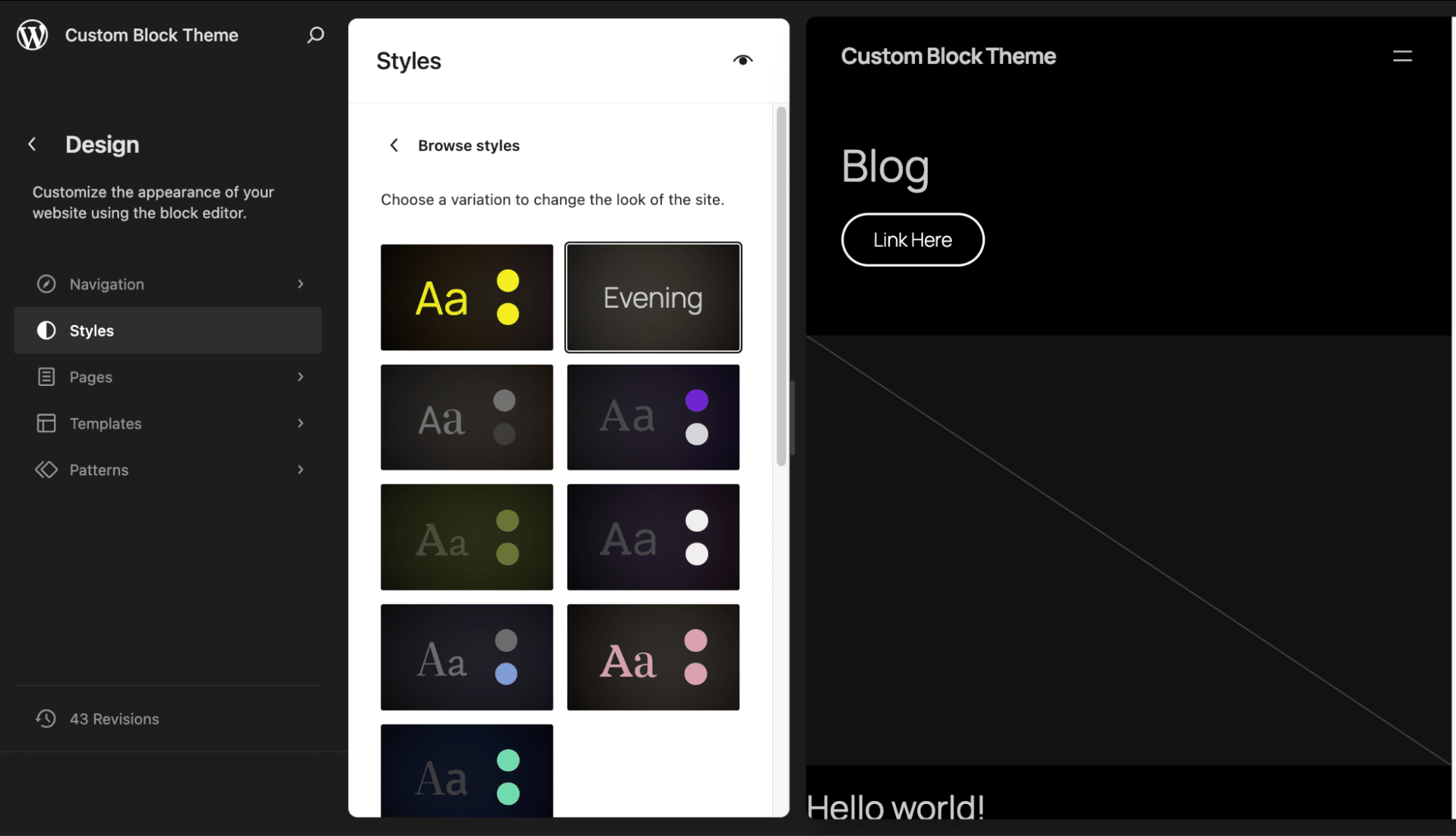 Tema filho (child theme) com a variação personalizada Evening ativada.