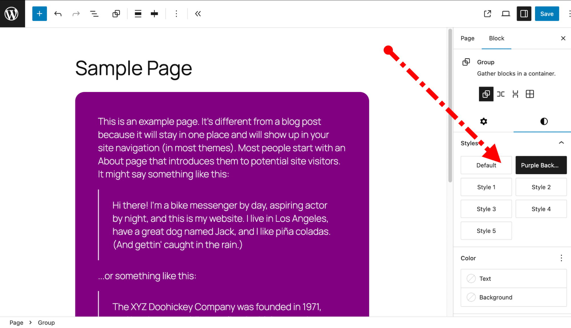 Bloco Group usando uma variação de estilo personalizada no Editor do Site.