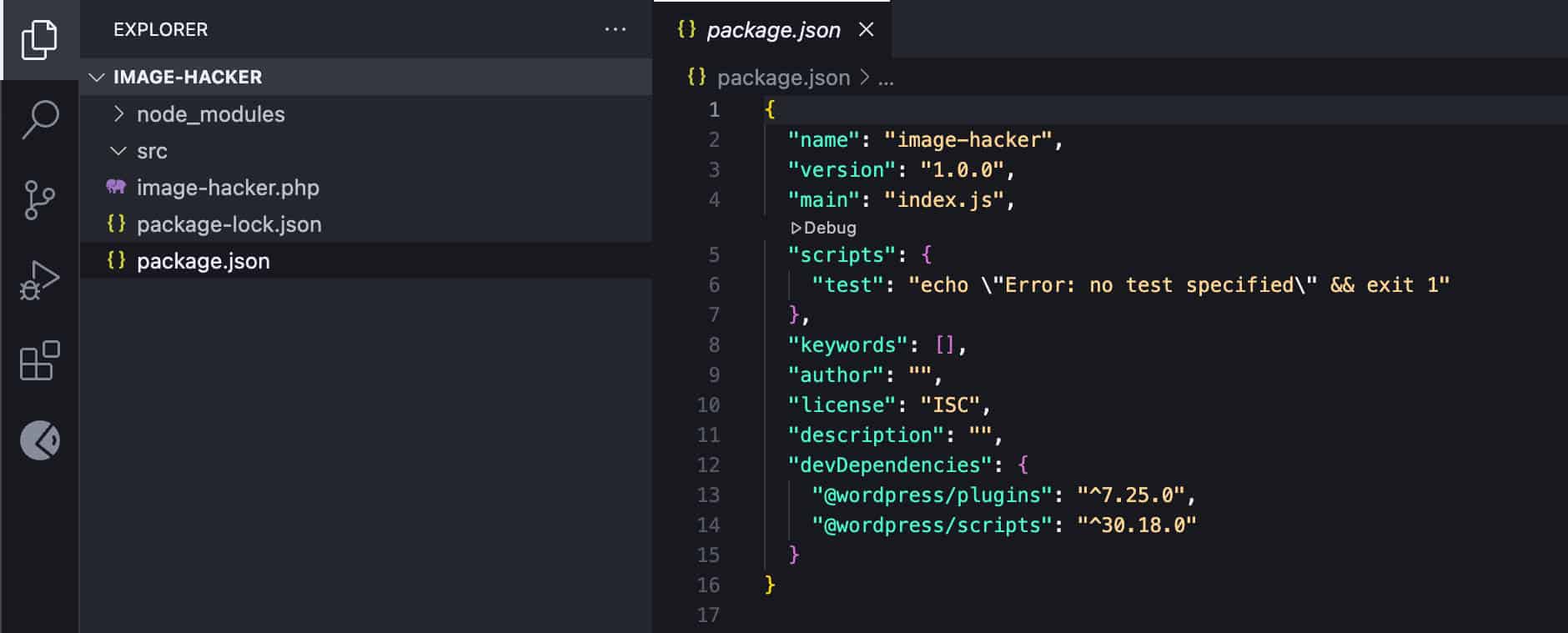Captura de pantalla de un plugin de Gutenberg en Visual Studio Code