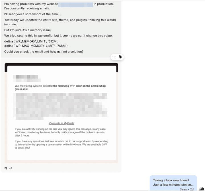 Kinsta live chatvenster met realtime ondersteuningsgesprek met een klant.