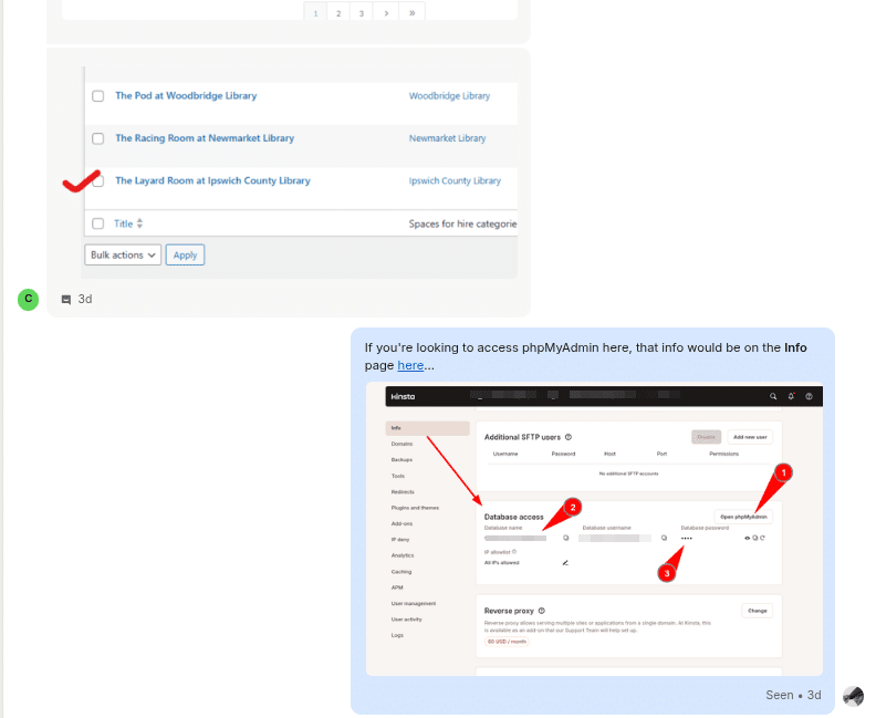 Live support chatinterface in MyKinsta met een gesprek.