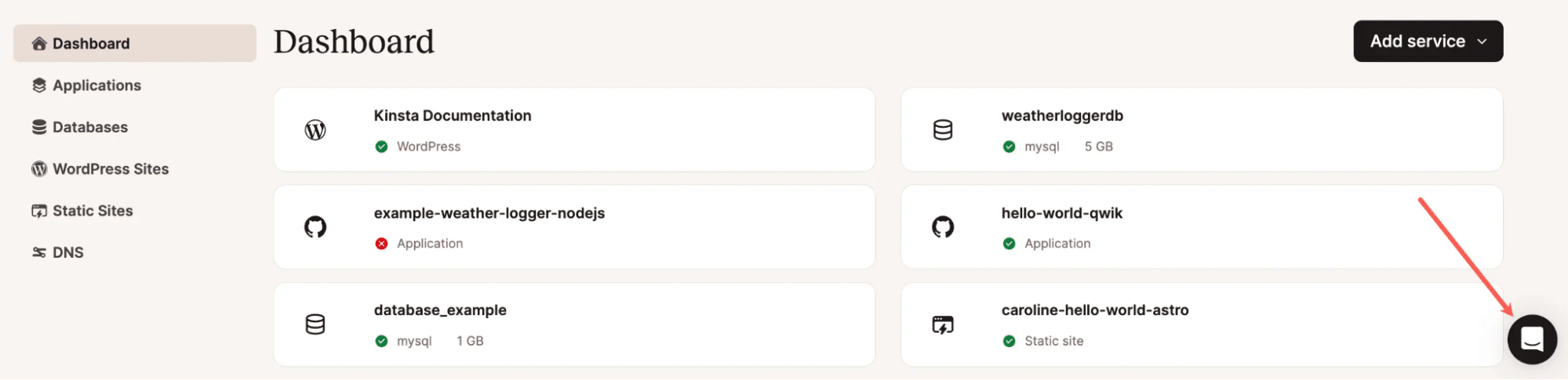 MyKinsta dashboard met de ondersteuningsinterface en het toegangspanel voor chats.