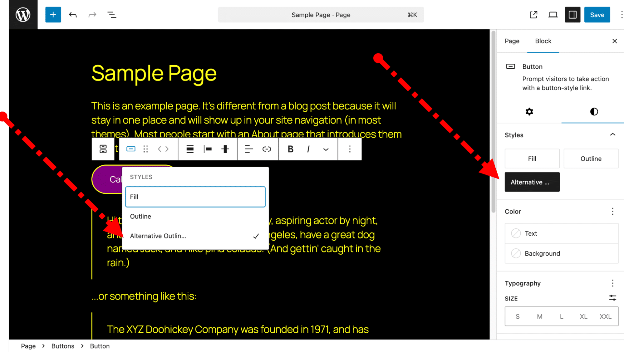 Nova variação de estilo do bloco de botão Alternative Outline visível na barra de ferramentas e na barra lateral.