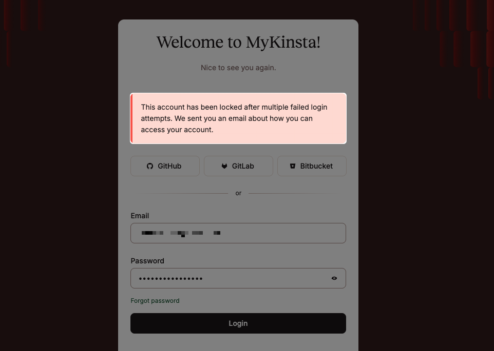 MyKinsta画面に表示されたアカウントロックのお知らせ