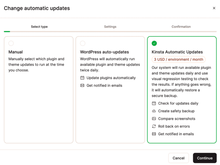 O complemento de Atualizações Automáticas de Plugins da Kinsta.