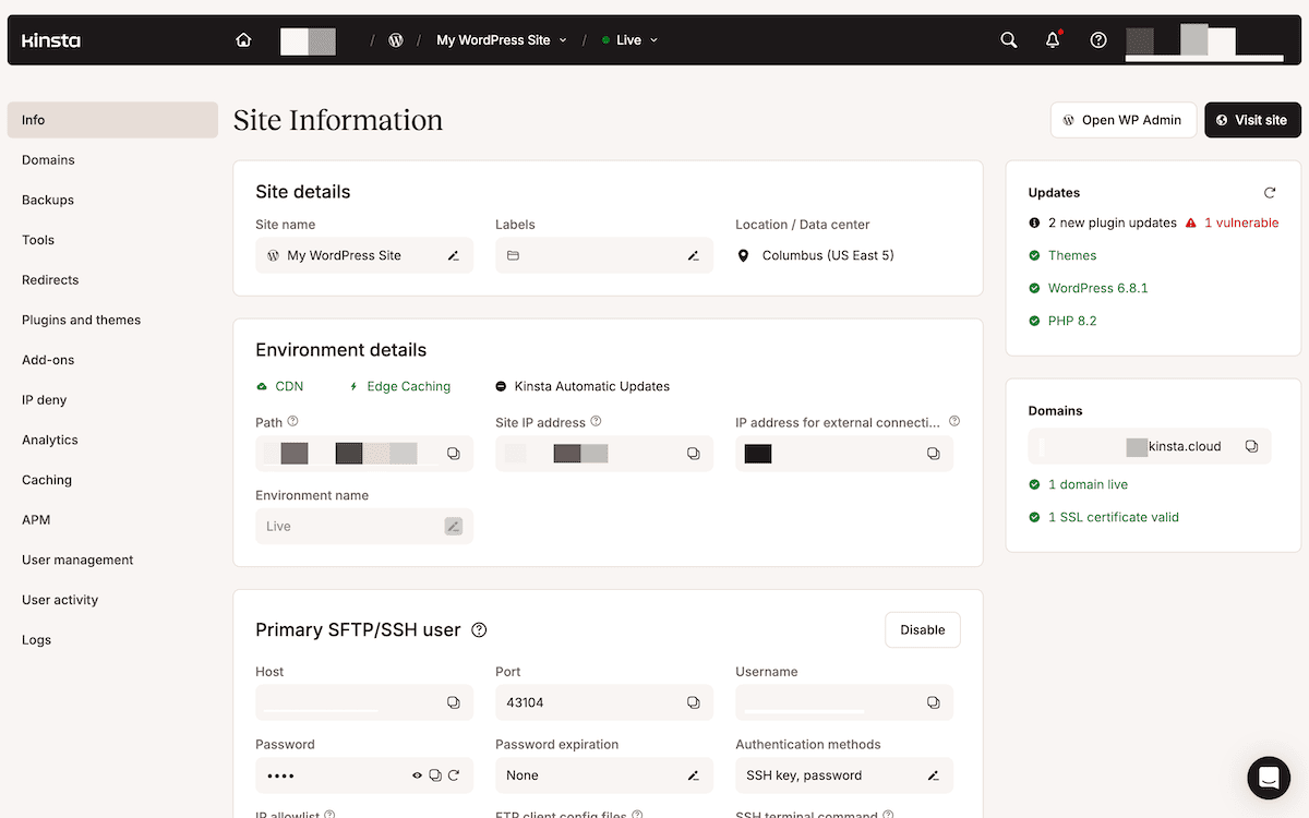 Le tableau de bord MyKinsta.