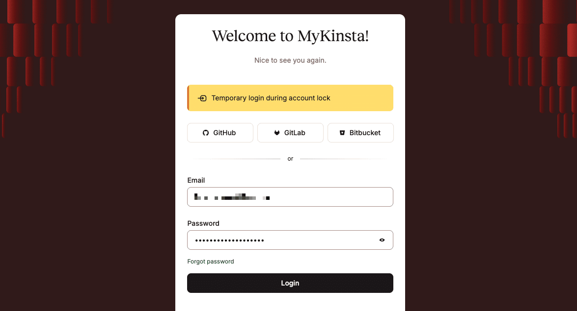 ロックされたMyKinstaアカウントにアクセスするための一時ログインページ