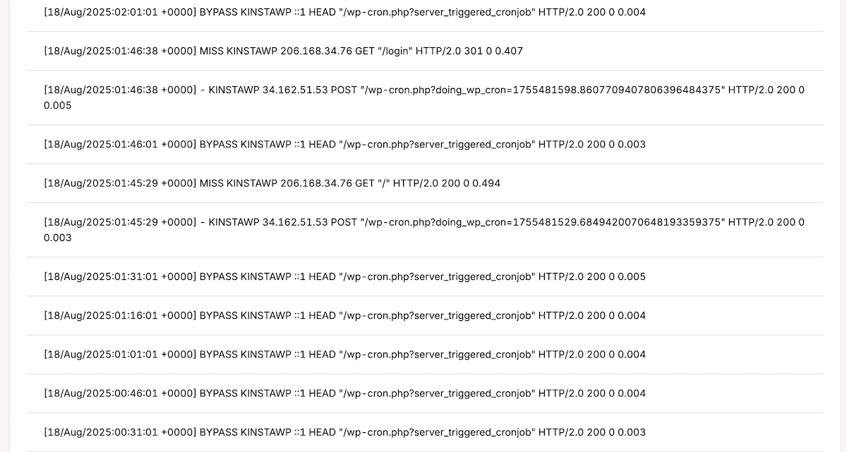 Das MyKinsta-Dashboard zeigt Sicherheitsprotokolle und Aufzeichnungen für Systemaktionen innerhalb von WordPress an.