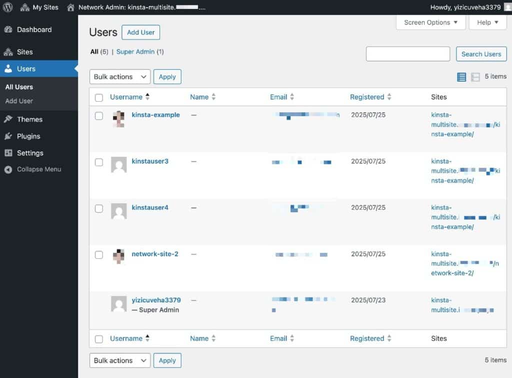 Een screenshot van het gebruikersbeheerscherm in WordPress multisite.