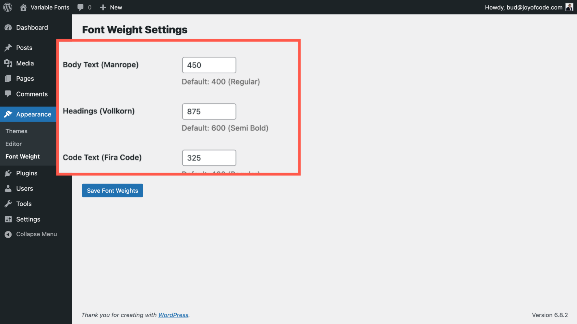 Nouvelle page de réglages des poids des polices dans le tableau de bord d'administration de WordPress.