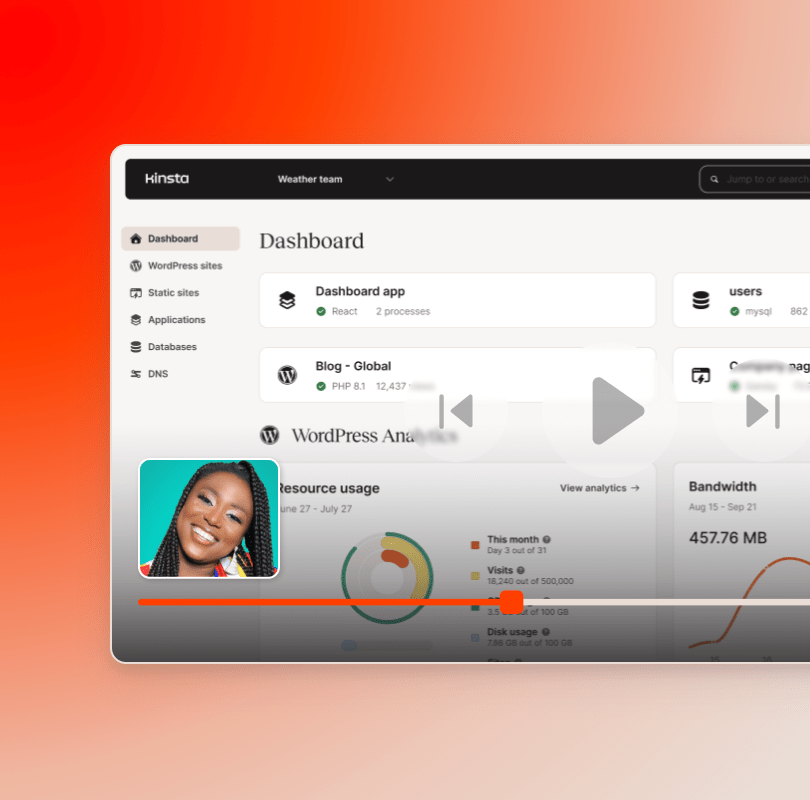 MyKinsta dashboard on youtube video