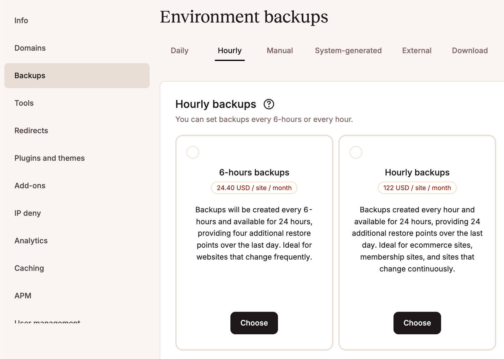 Captura de pantalla de las copias de seguridad por horas en MyKinsta.