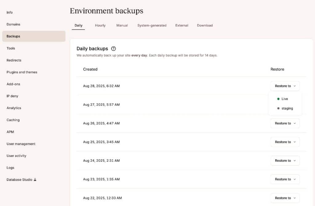 Uma lista de backups automáticos no painel do MyKinsta.