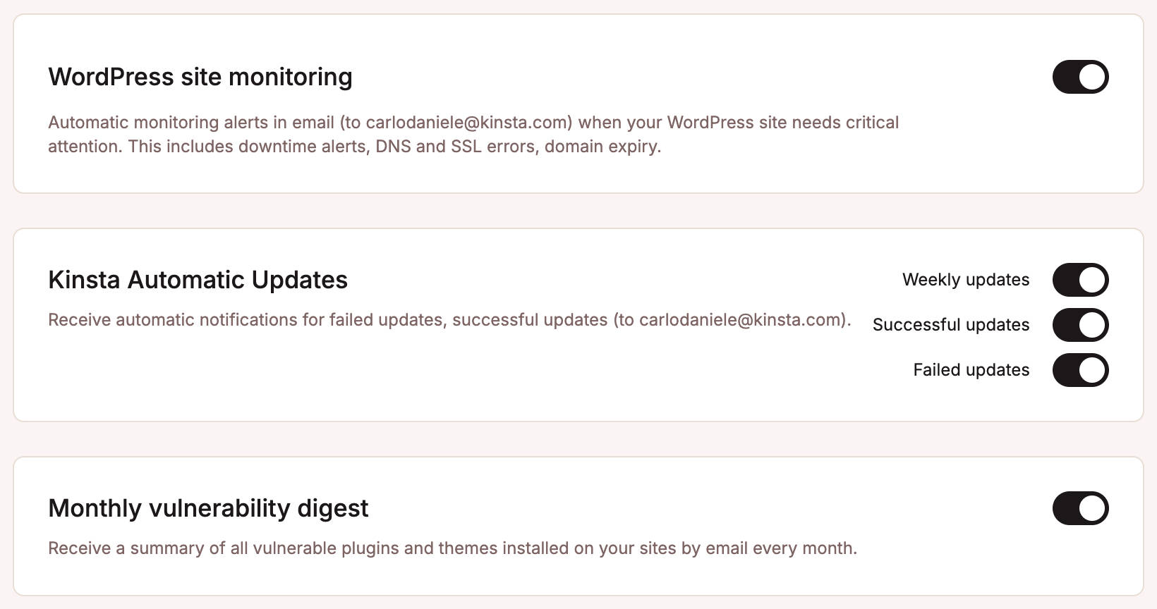 Configuración de notificaciones en MyKinsta