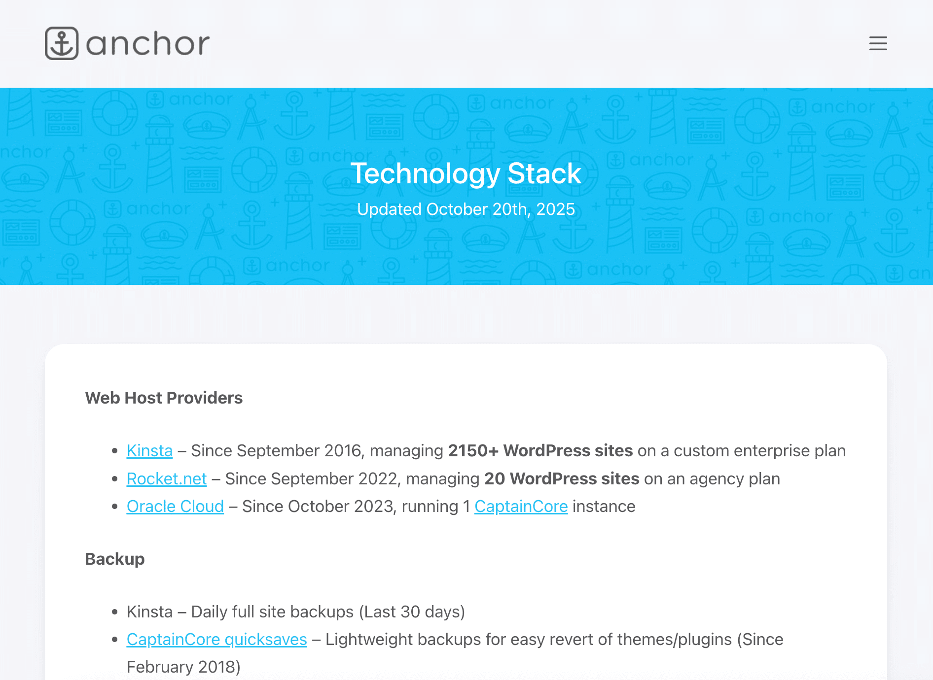 Anchor Hosting tech stack