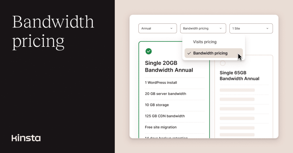 A screenshot showing the interface for updating hosting plans in MyKinsta with the words 'Bandwidth pricing.'