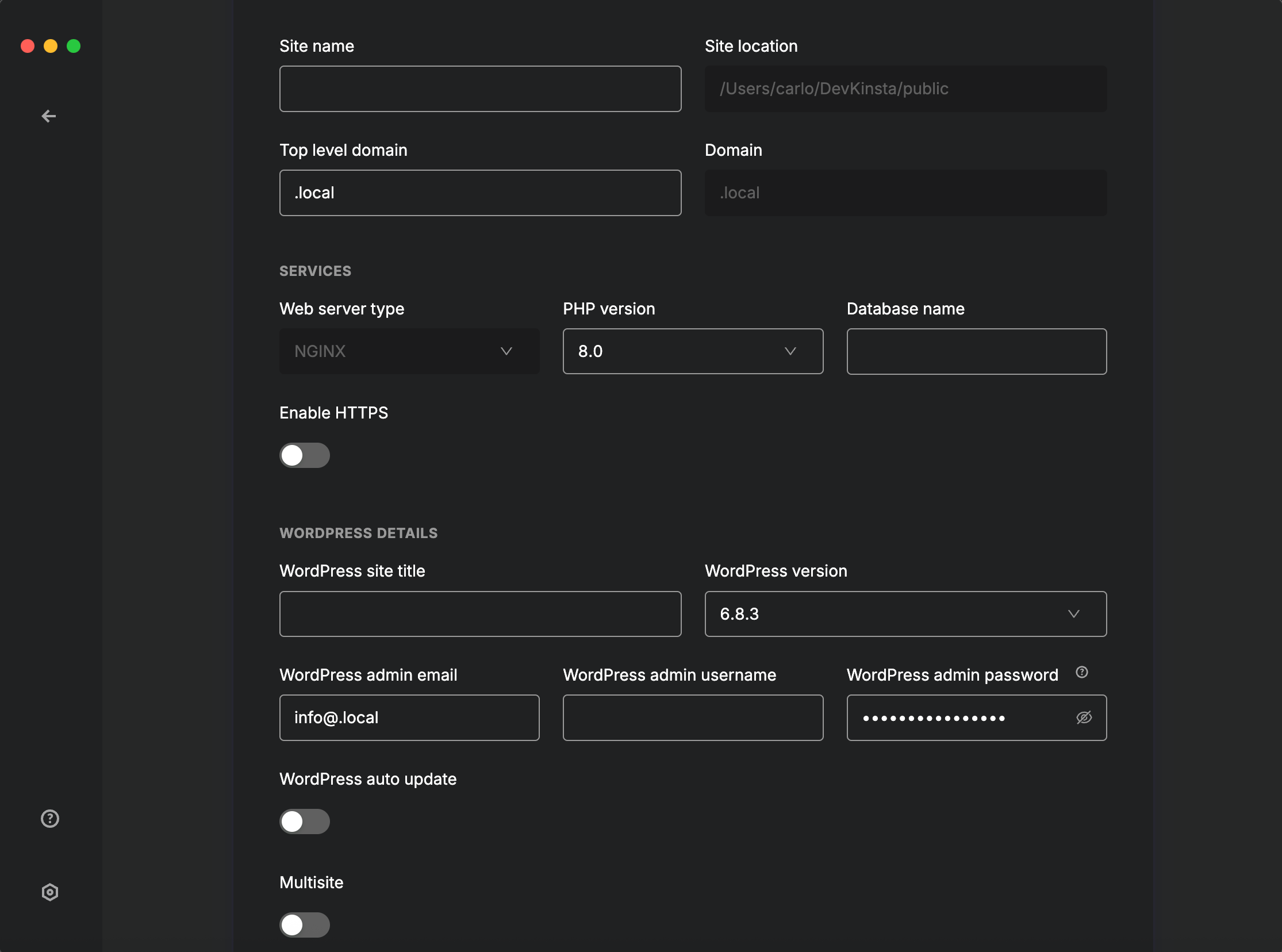 Configurazione di un sito web locale in DevKinsta