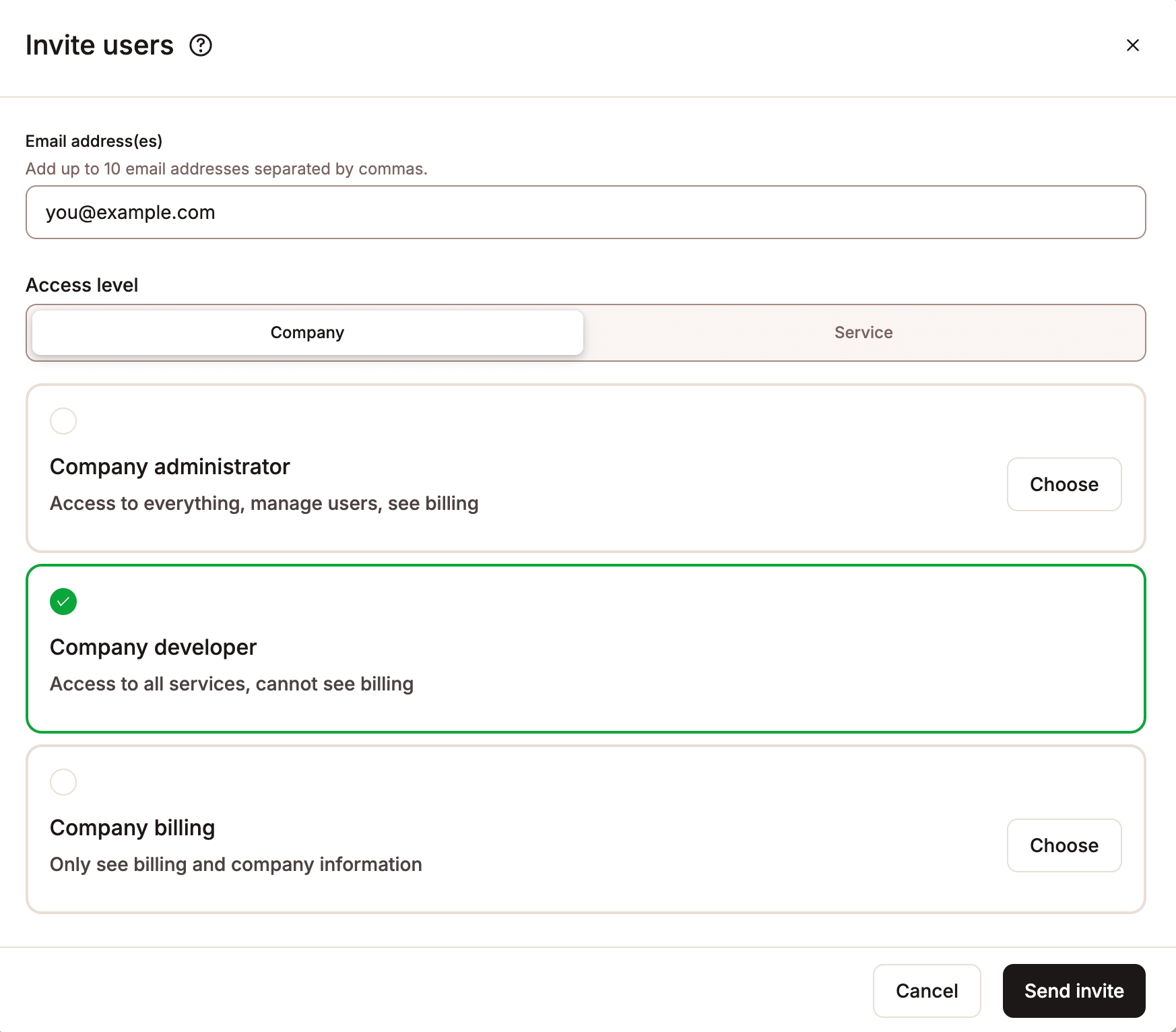 Adding a user as Company developer in MyKinsta.