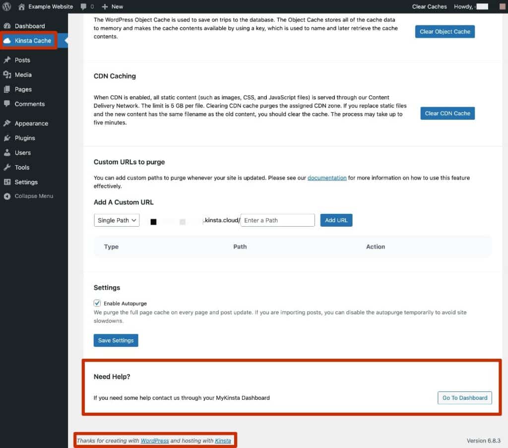 Il pannello di controllo WordPress con la configurazione predefinita dell'hosting di Kinsta