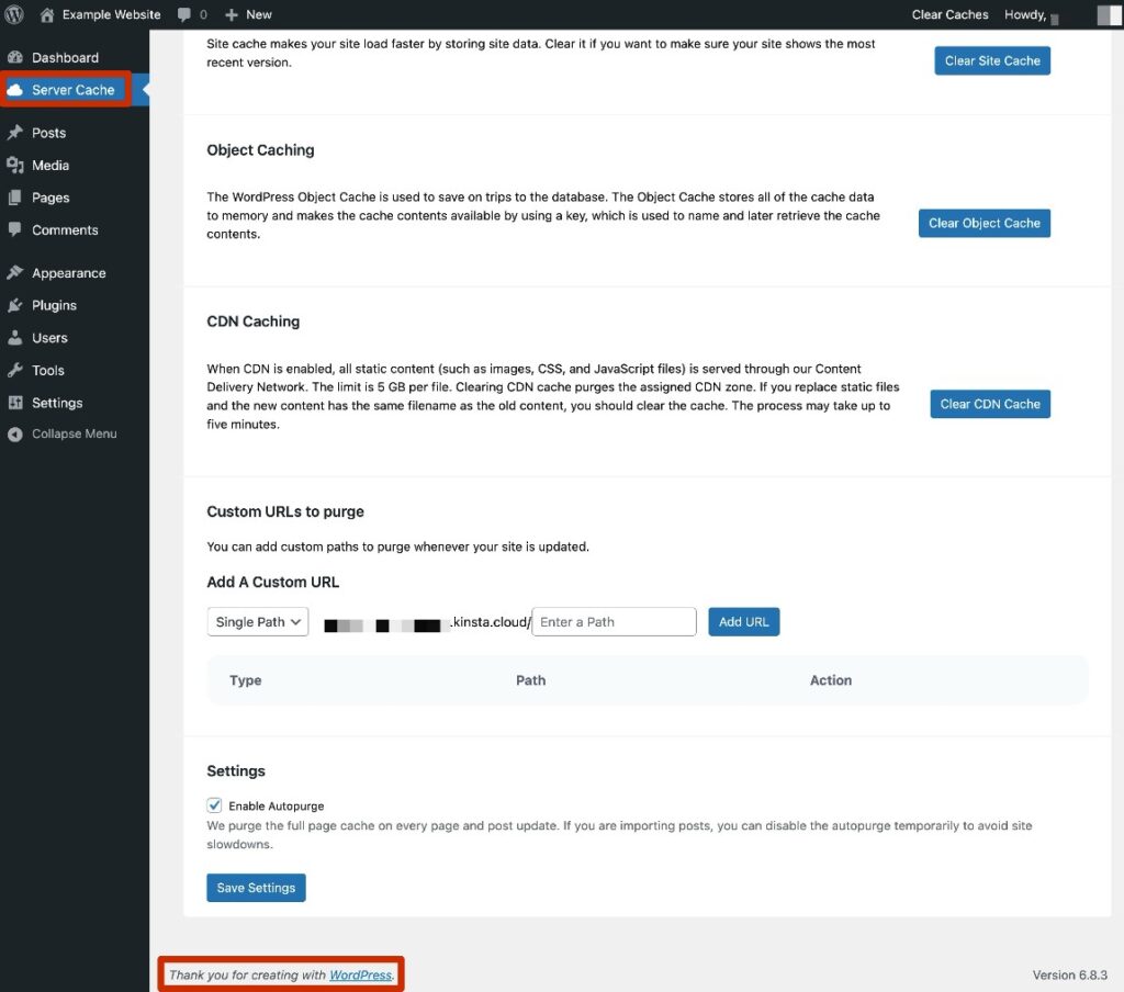 Il pannello di controllo WordPress con white labeling abilitato nel plugin Kinsta MU