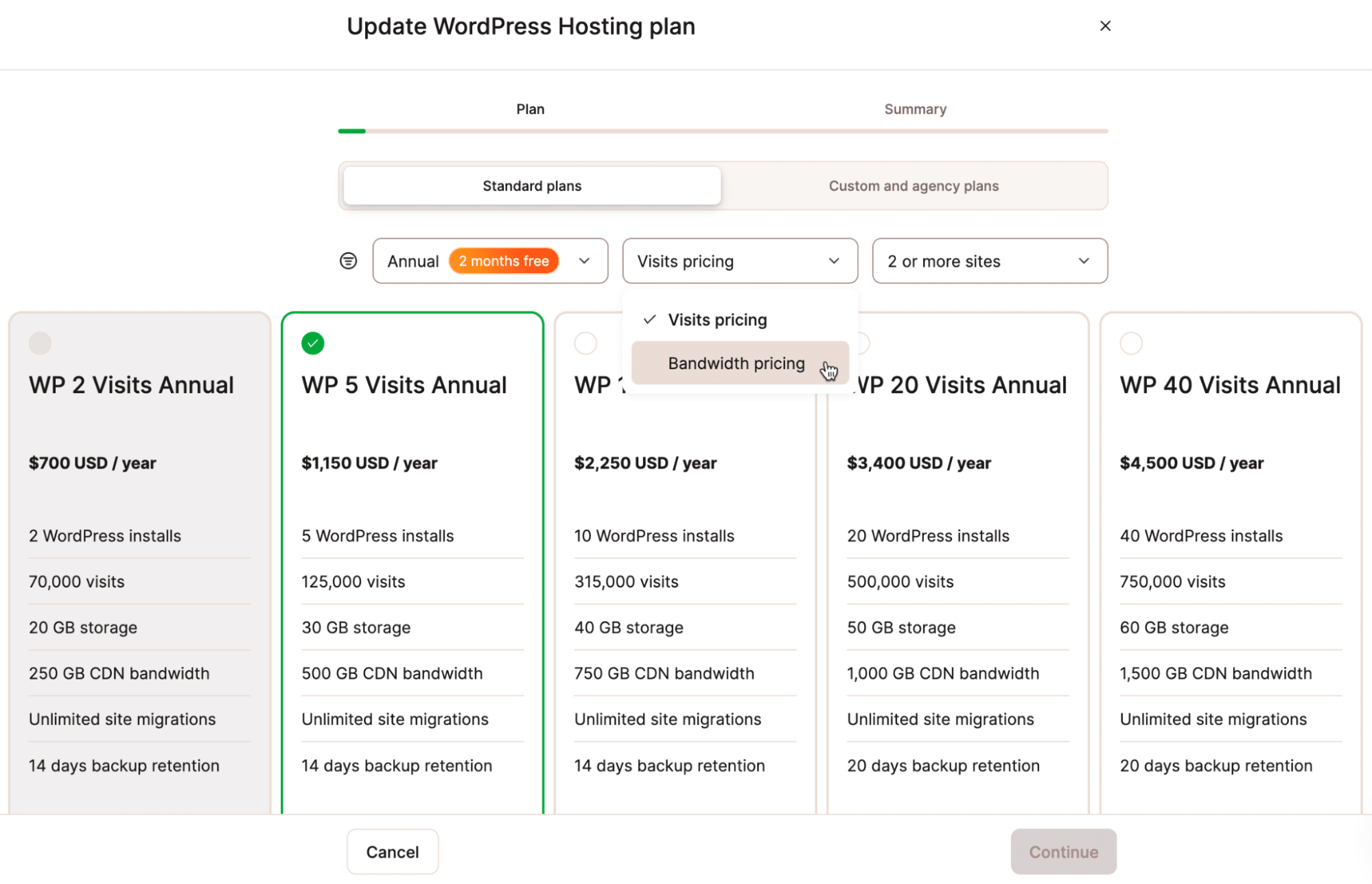 Välja prissättning för bandbredd när du uppdaterar en hostingplan.