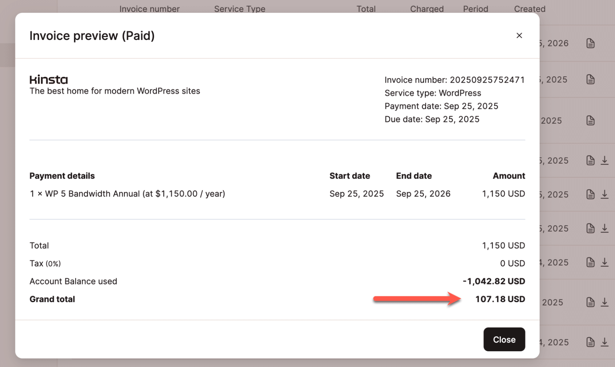Faktura för uppdaterad hostingplan med kredit för proportionell del av den ursprungliga planen.