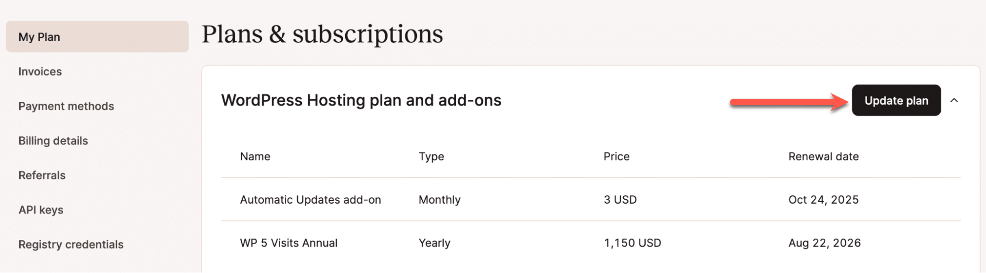 Åtkomst till planer och prenumerationer inom MyKinsta.