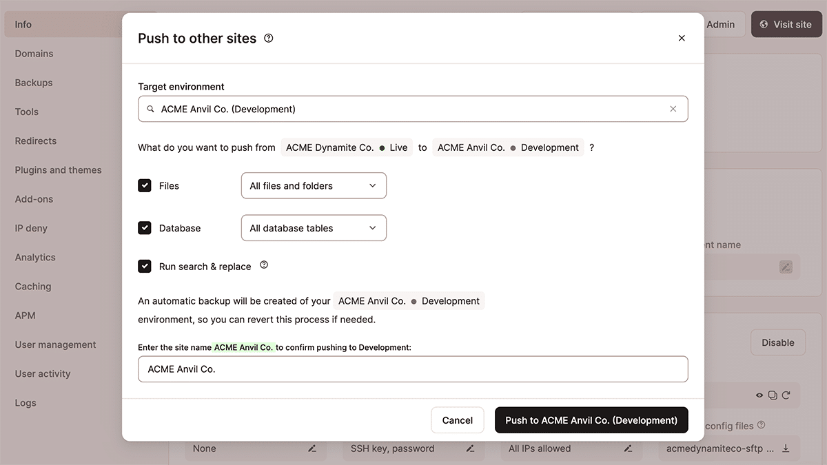 Captura de tela da janela de confirmação Mover para outros sites.