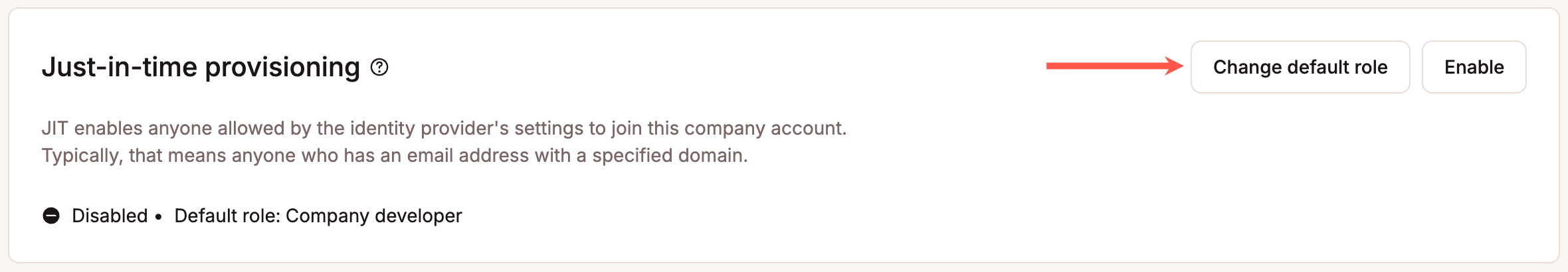 Captura de tela mostrando a interface no MyKinsta para iniciar o provisionamento JIT ou alterar a função JIT padrão.