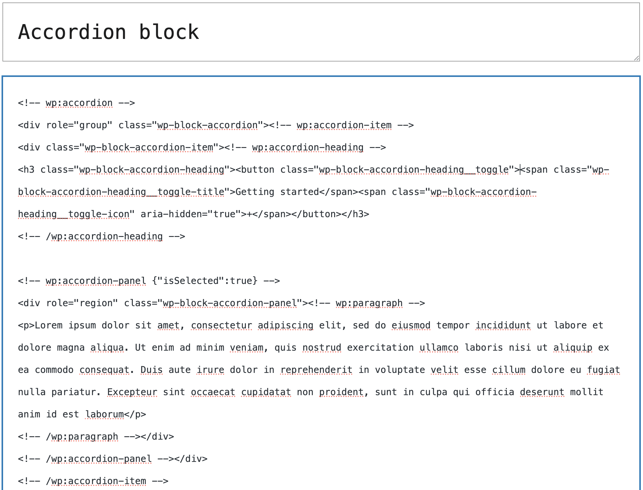 Ein Accordion-Block im Code-Editor.