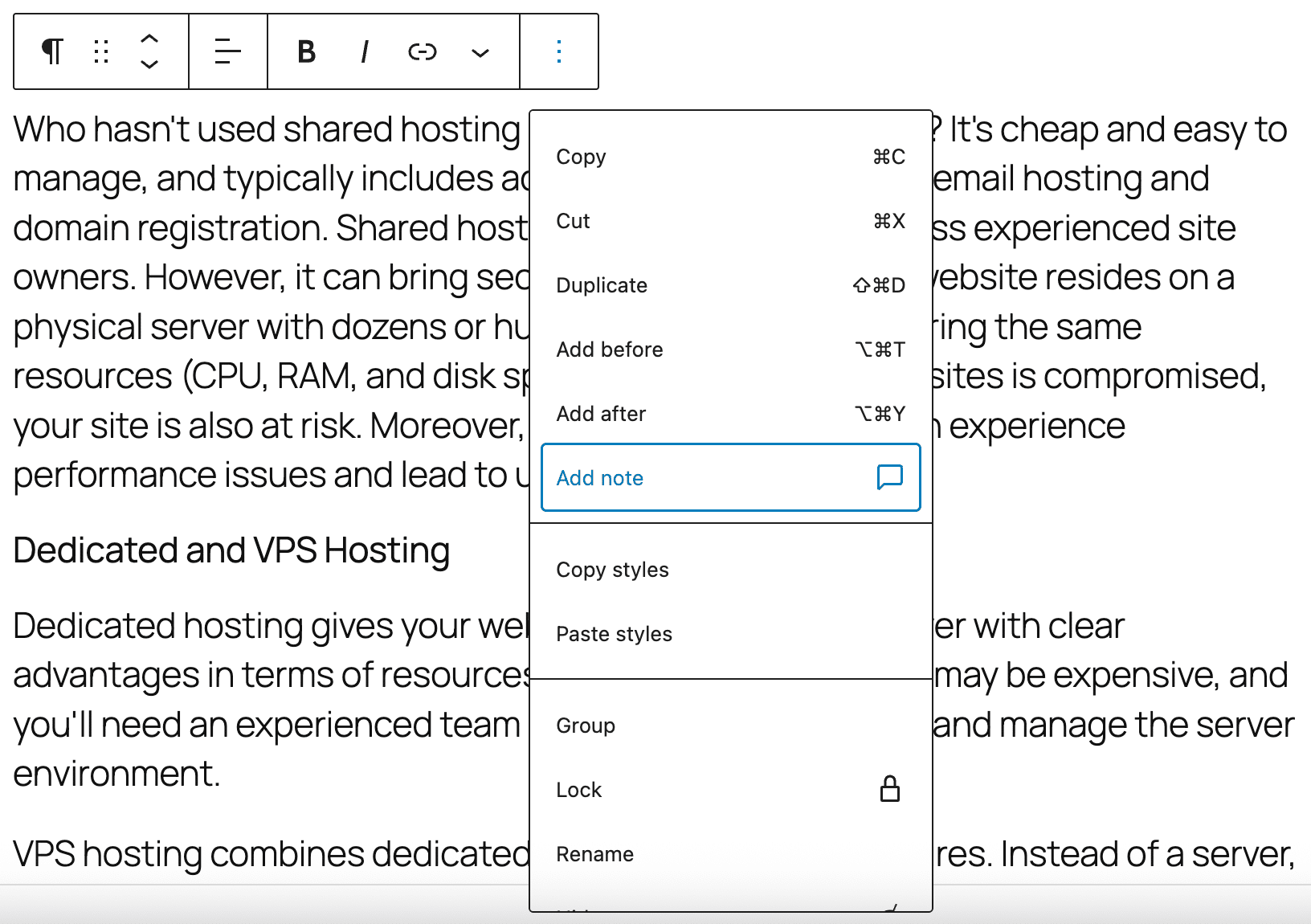 Im Menü „Optionen“ der Block-Symbolleiste gibt's jetzt einen neuen Punkt „Notiz hinzufügen“.