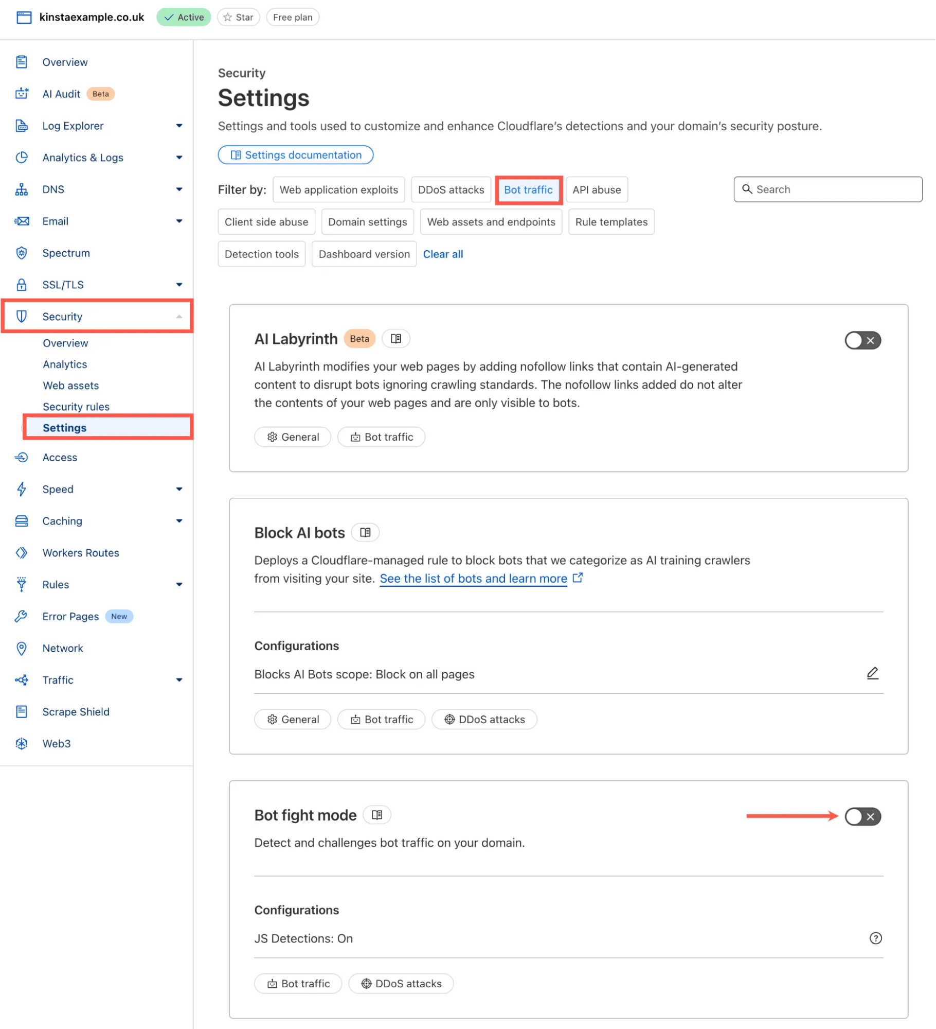 Painel do Cloudflare mostrando as opções de configuração do Modo de Combate a Bots para segurança aprimorada.