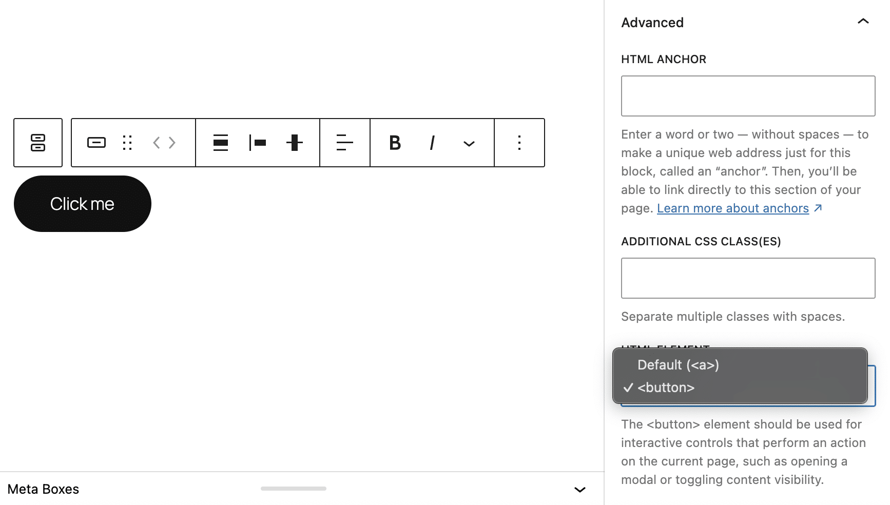 Button-Block Erweiterte Einstellungen