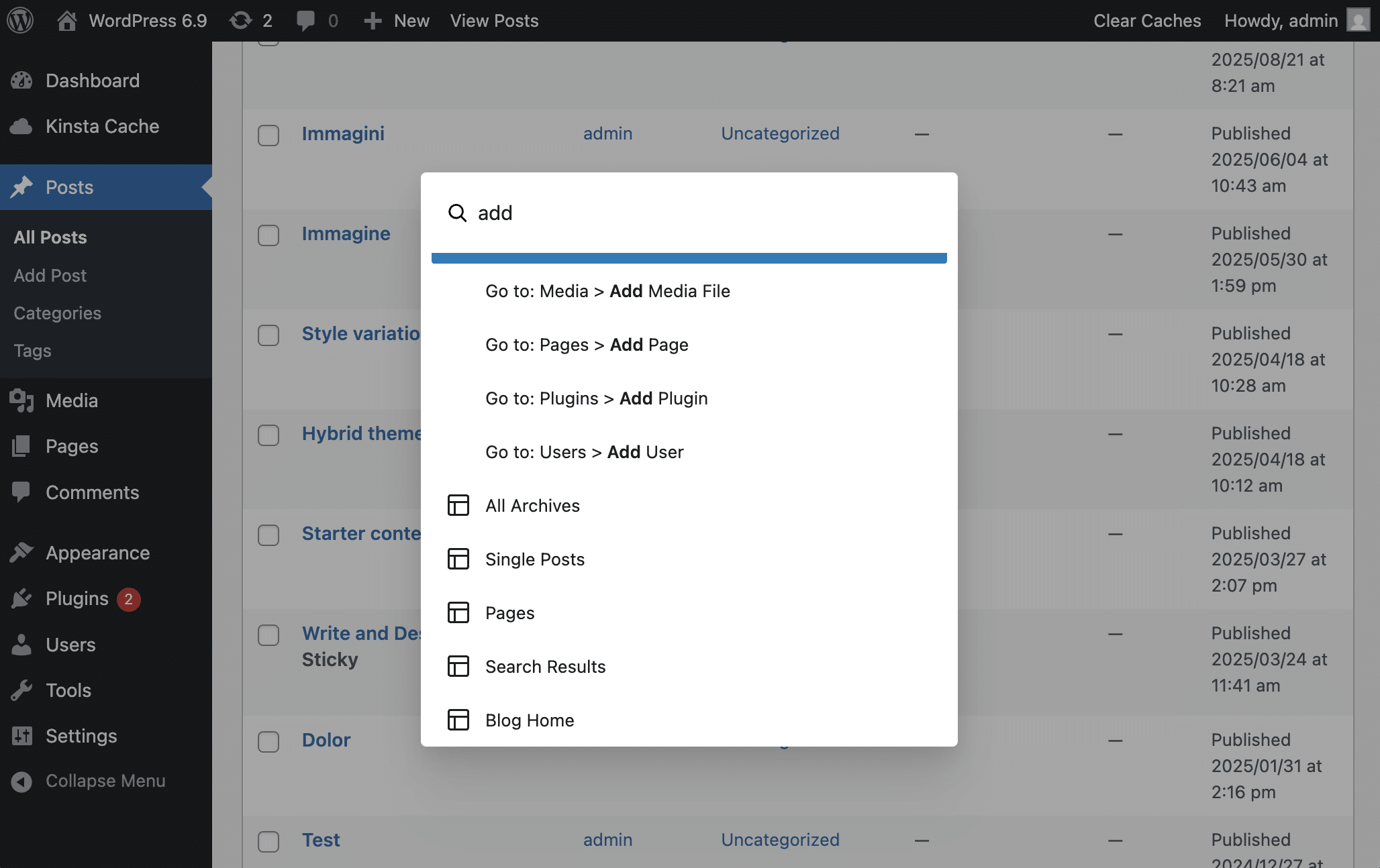 Die Befehlspalette auf dem Beitragsbildschirm