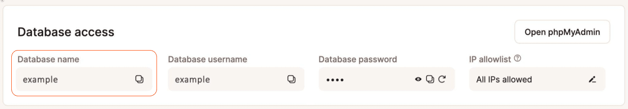 A screenshot of the Database access section of a site environment in MyKinsta.