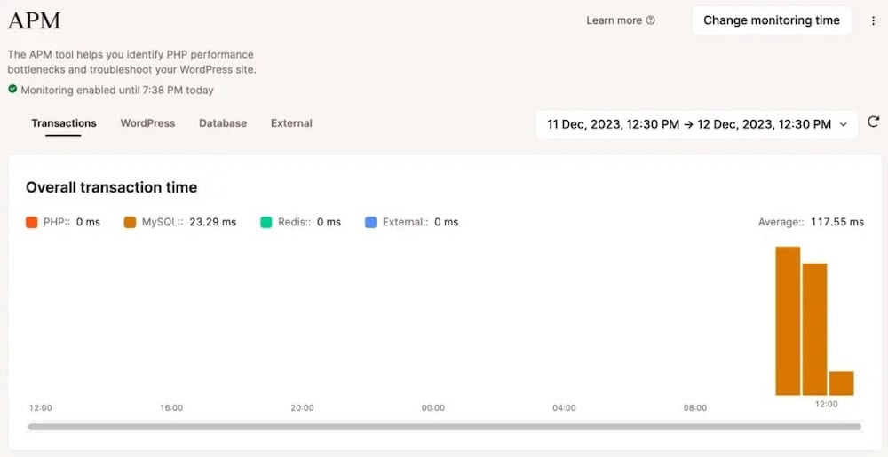 A interface da ferramenta Kinsta APM exibindo um gráfico de barras do tempo total de transação de um site WordPress.