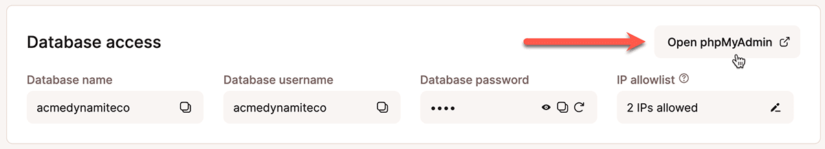 Le bouton Ouvrir phpMyAdmin dans le tableau de bord de MyKinsta.